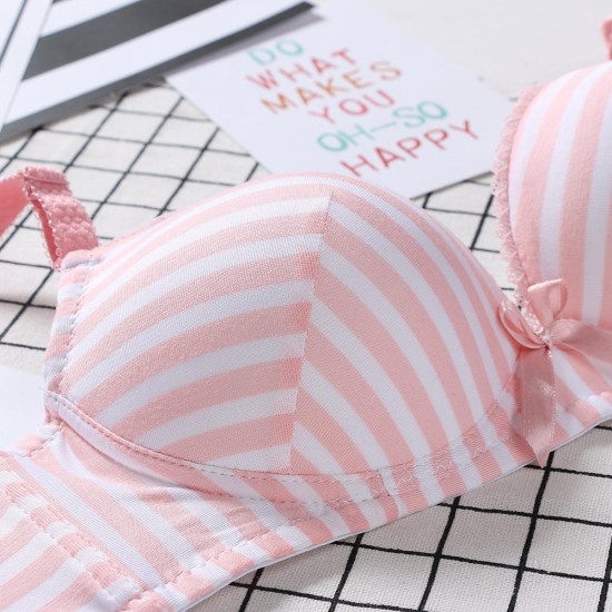 Cute Stripe Cotton Gather Adjustable Thin Wireless Trendy Bra Set