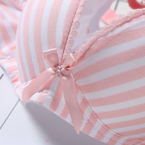 Cute Stripe Cotton Gather Adjustable Thin Wireless Trendy Bra Set