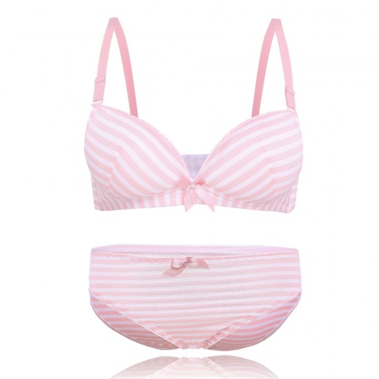 Cute Stripe Cotton Gather Adjustable Thin Wireless Trendy Bra Set