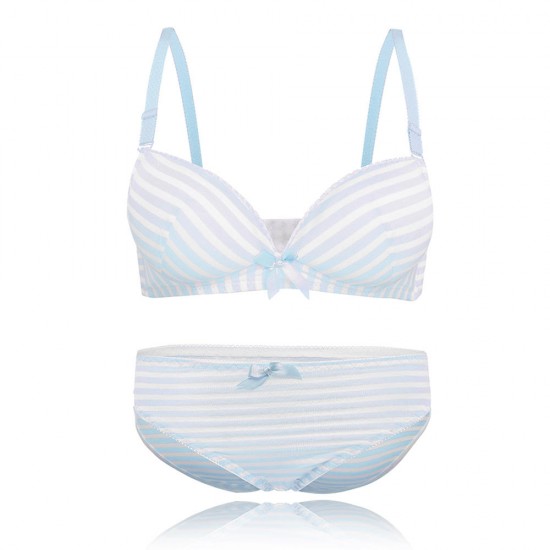 Cute Stripe Cotton Gather Adjustable Thin Wireless Trendy Bra Set