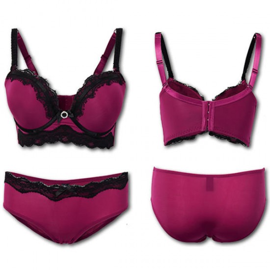 Deep V Lace-trim Padded Underwire Pus Up Side Support Plunge Bra Sets