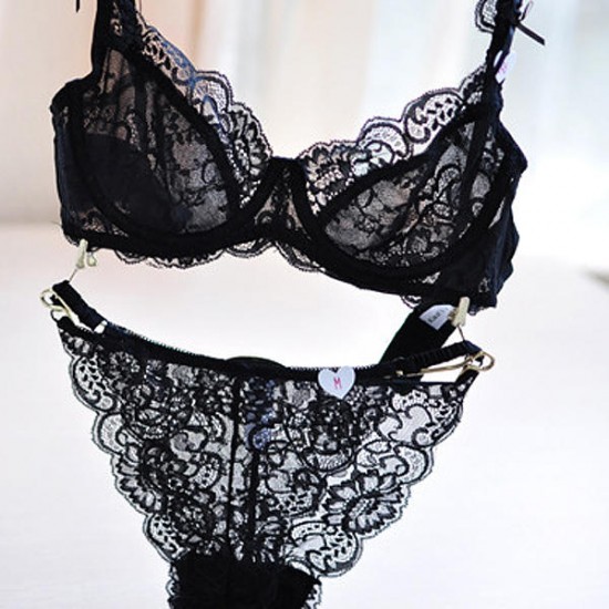 Lace Embroidery Transparent Ultra Thin Underwire Bow Comfy Bra Set