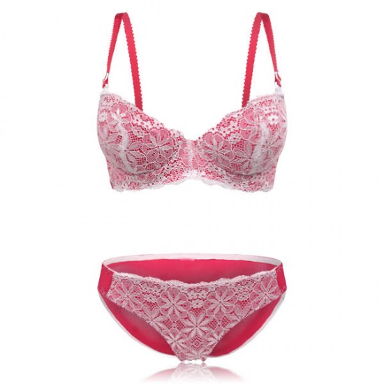 Lace Floral Half Cup Padded Gather Rims Sexy Adjustable Bra Set