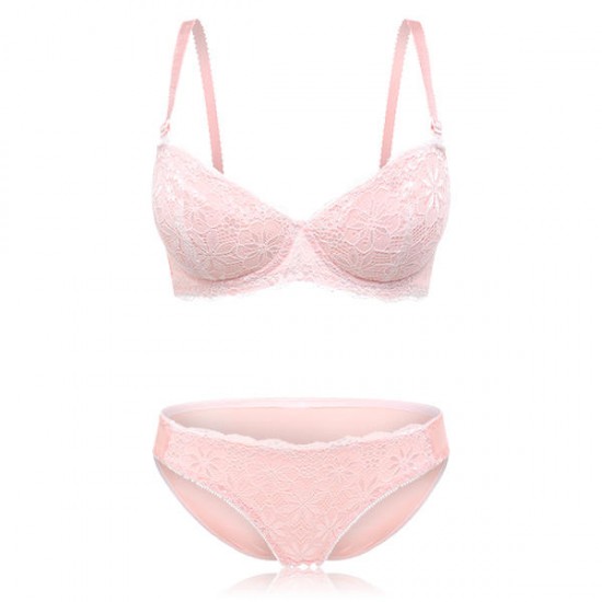 Lace Floral Half Cup Padded Gather Rims Sexy Adjustable Bra Set