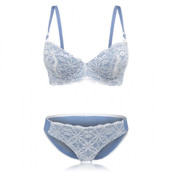 Lace Floral Half Cup Padded Gather Rims Sexy Adjustable Bra Set