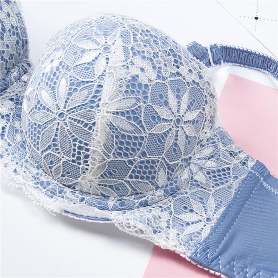 Lace Floral Half Cup Padded Gather Rims Sexy Adjustable Bra Set