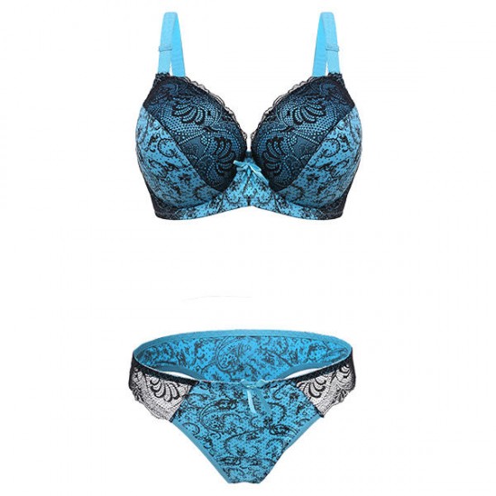 Plus Size D-E Cup Push Up Printed Lace Trimmed Full Coverage Bra Set