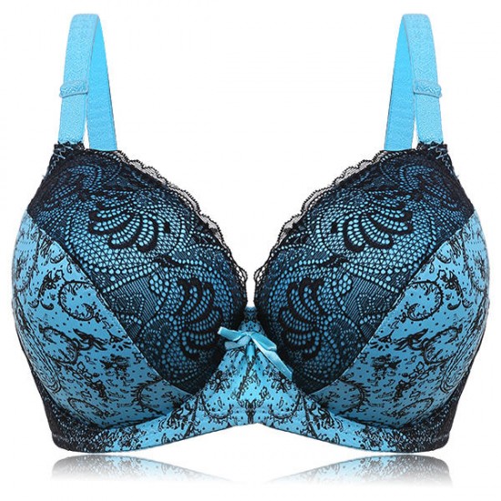 Plus Size D-E Cup Push Up Printed Lace Trimmed Full Coverage Bra Set