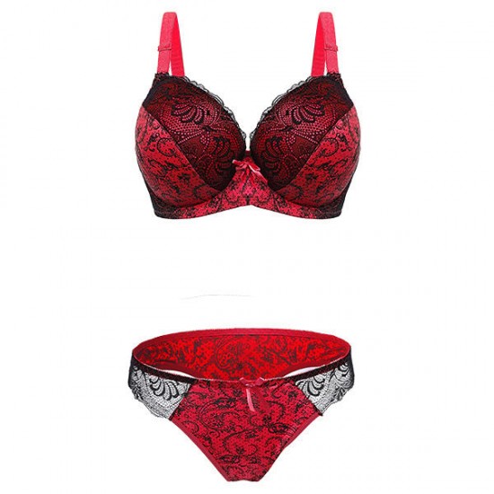 Plus Size D-E Cup Push Up Printed Lace Trimmed Full Coverage Bra Set