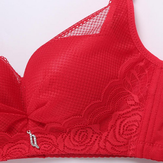 Lace Embroidery Mesh Gather Breathable Plunge Wireless Bra