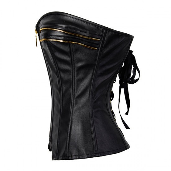 Faux Leather Overbust Lace Up Zipper Front Corset Bustiers Top