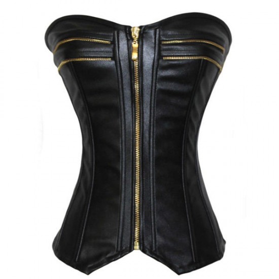 Faux Leather Overbust Lace Up Zipper Front Corset Bustiers Top