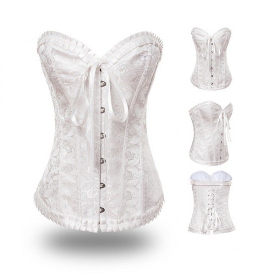 Sexy White Frill Classic Printed Overbust Metal Buckle Corset