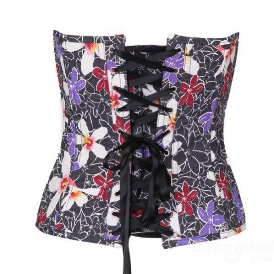 Sexy Women Satin Colorful Flower Pattern Corset Bustier With G-string