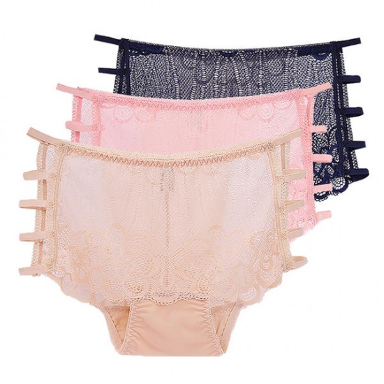 3 Pcs Lace-trim Side Rope Hollow Out Mid Waist Solid Color Breathable Panties