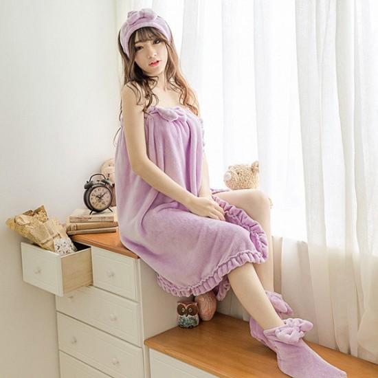 3 Pcs Flannel Bathing Suits Sweety Body Towel Sleepwear Dress With Hair Band Shoes