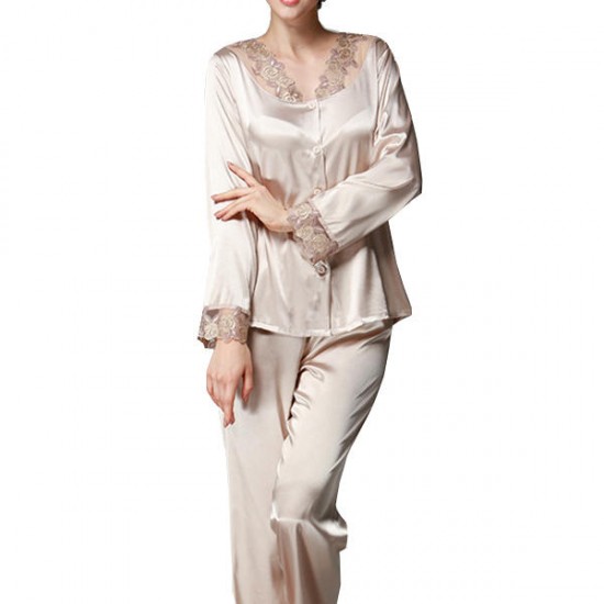 Autumn Soft Loose Silk Lace-trim Sleepwear Suit