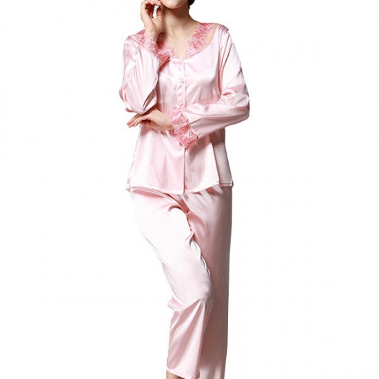 Autumn Soft Loose Silk Lace-trim Sleepwear Suit