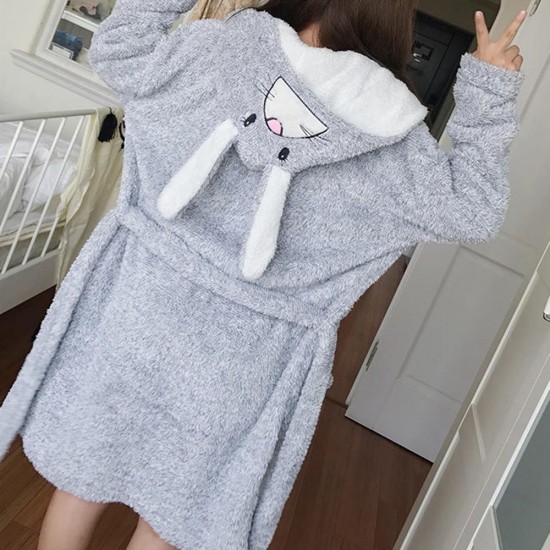 Cartoon Rabbit Thick Robes Coral Fleece With Hat Cute Nightgown