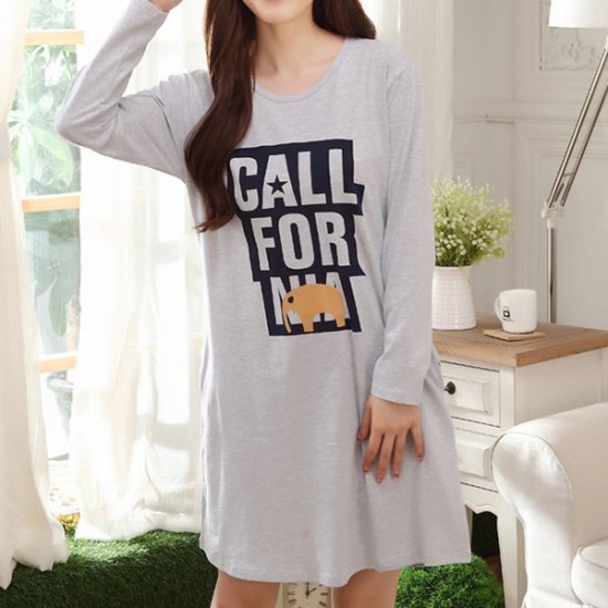 Comfy Casual Home Dress Long Sleeve Round Collar Cartoon Pattern Soft Nightdress For Momen