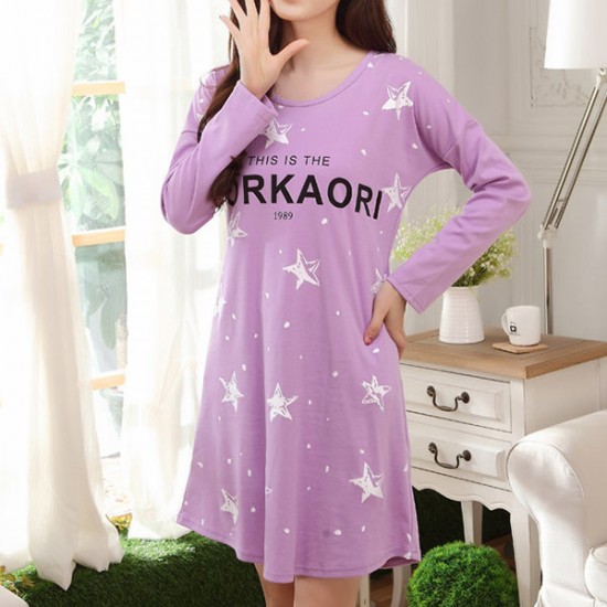 Comfy Casual Home Dress Long Sleeve Round Collar Cartoon Pattern Soft Nightdress For Momen