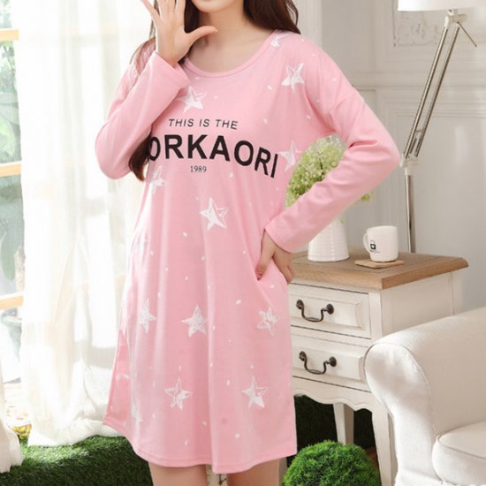 Comfy Casual Home Dress Long Sleeve Round Collar Cartoon Pattern Soft Nightdress For Momen