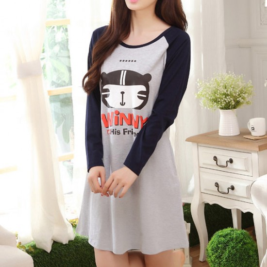 Comfy Casual Home Dress Long Sleeve Round Collar Cartoon Pattern Soft Nightdress For Momen