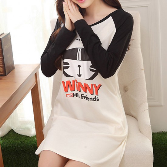 Comfy Casual Home Dress Long Sleeve Round Collar Cartoon Pattern Soft Nightdress For Momen