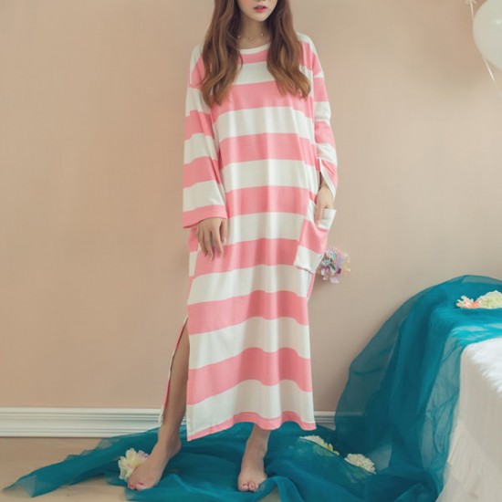Cozy Soft Stripe Long Sleeve Homewear Round Collar Breathable Sleepwear