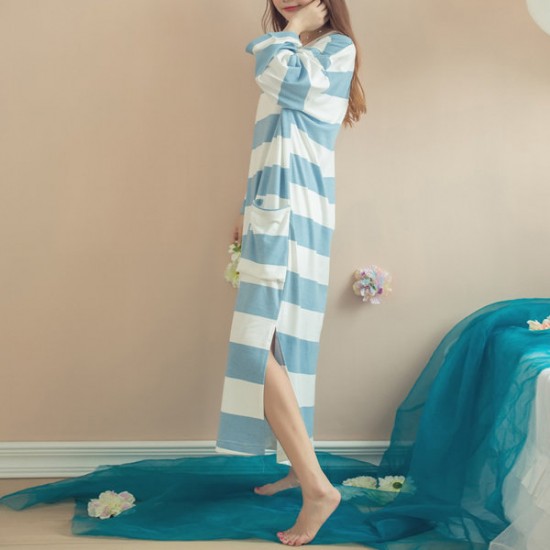 Cozy Soft Stripe Long Sleeve Homewear Round Collar Breathable Sleepwear