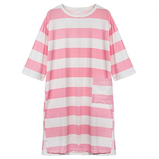 Cozy Soft Stripe Long Sleeve Homewear Round Collar Breathable Sleepwear