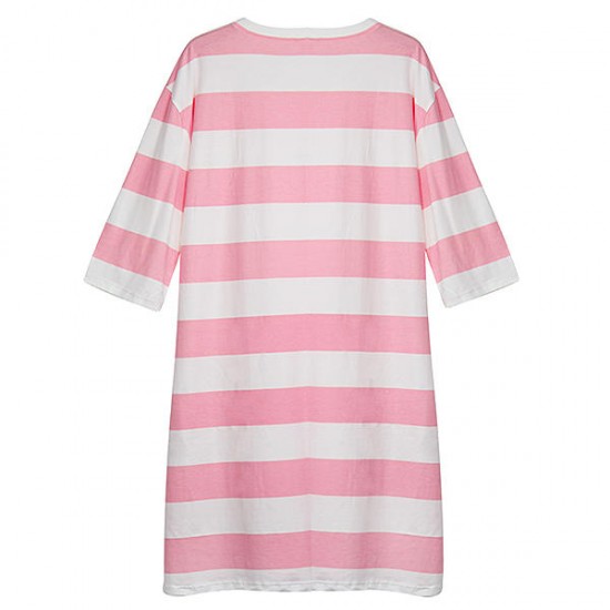 Cozy Soft Stripe Long Sleeve Homewear Round Collar Breathable Sleepwear