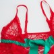 Plus Size Sexy Red Lace Green Bow Open-front Honeymoon Strawberry Lingerie Set Babydoll