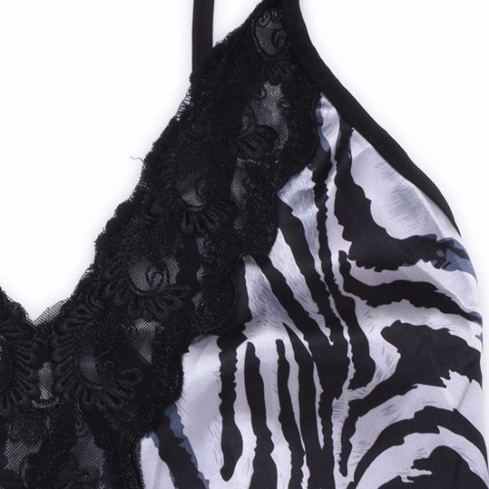 Women Sexy Deep V Zebra Striped Nightdress Satin Embroidery Spaghetti Straps Nightdress