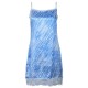 Women Spaghetti Strap Satin Sleepwear Blue Printing Lace Hem Nightdress
