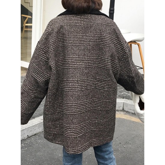 Loose Women Long Sleeve Button Patchwork Houndstooth Tweed Wool Blazer