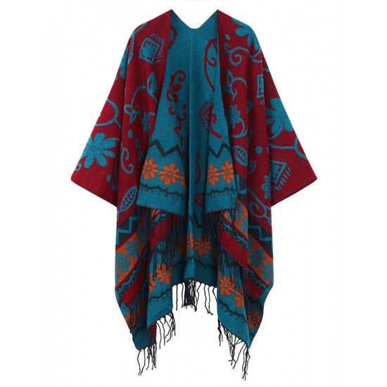 Bohemian Floral Pattern Tassel Reversible Shawl Wrap