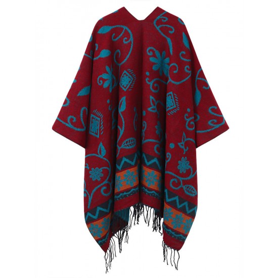 Bohemian Floral Pattern Tassel Reversible Shawl Wrap