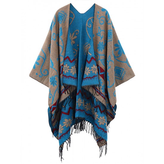 Bohemian Floral Pattern Tassel Reversible Shawl Wrap