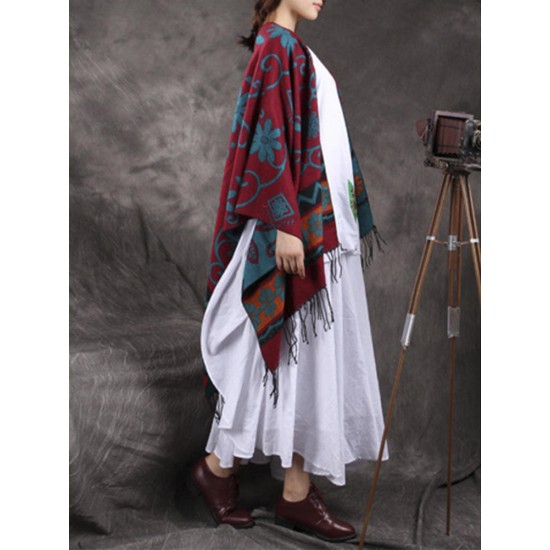 Bohemian Floral Pattern Tassel Reversible Shawl Wrap