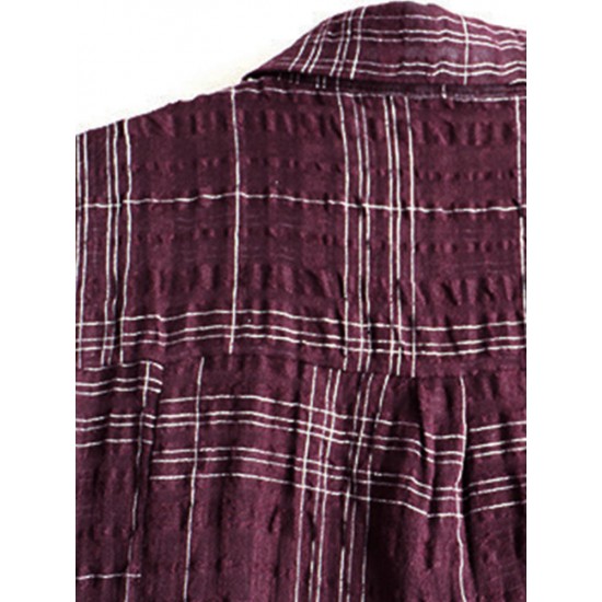 Casual Women Cotton Turn-Down Collar 3/4 Sleeve Plaid Button Long Cardigans