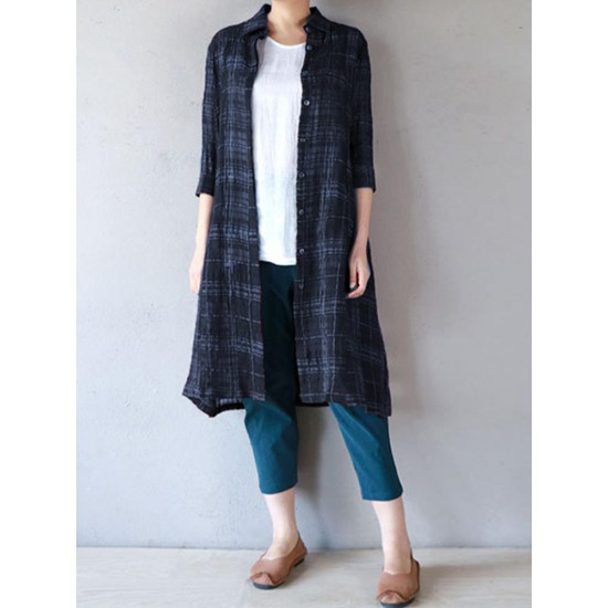 Casual Women Cotton Turn-Down Collar 3/4 Sleeve Plaid Button Long Cardigans