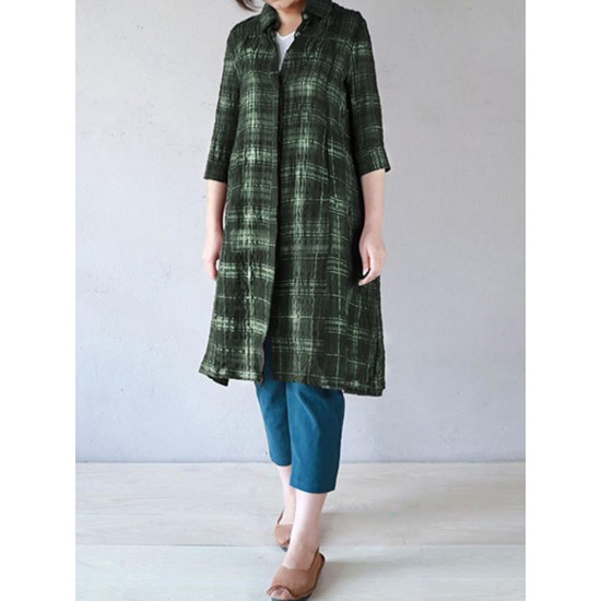 Casual Women Cotton Turn-Down Collar 3/4 Sleeve Plaid Button Long Cardigans