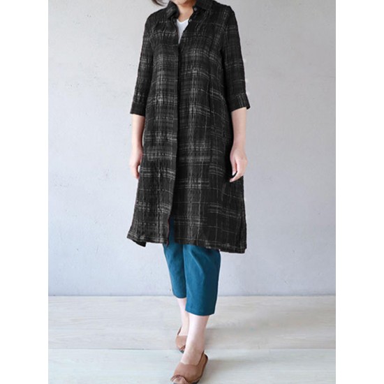 Casual Women Cotton Turn-Down Collar 3/4 Sleeve Plaid Button Long Cardigans