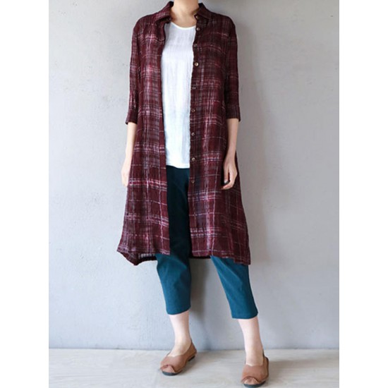 Casual Women Cotton Turn-Down Collar 3/4 Sleeve Plaid Button Long Cardigans