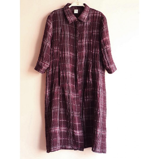 Casual Women Cotton Turn-Down Collar 3/4 Sleeve Plaid Button Long Cardigans