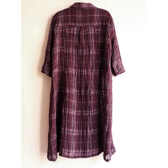 Casual Women Cotton Turn-Down Collar 3/4 Sleeve Plaid Button Long Cardigans