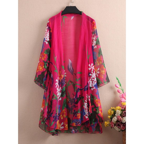 Casual Women Floral Printed 3/4 Sleeve Sheer Kimonos