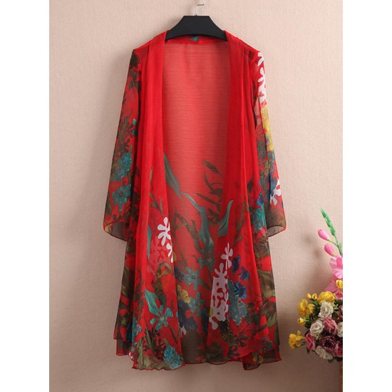 Casual Women Floral Printed 3/4 Sleeve Sheer Kimonos