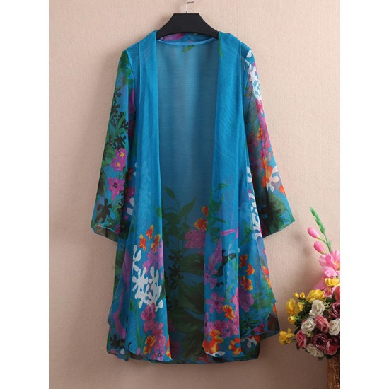 Casual Women Floral Printed 3/4 Sleeve Sheer Kimonos